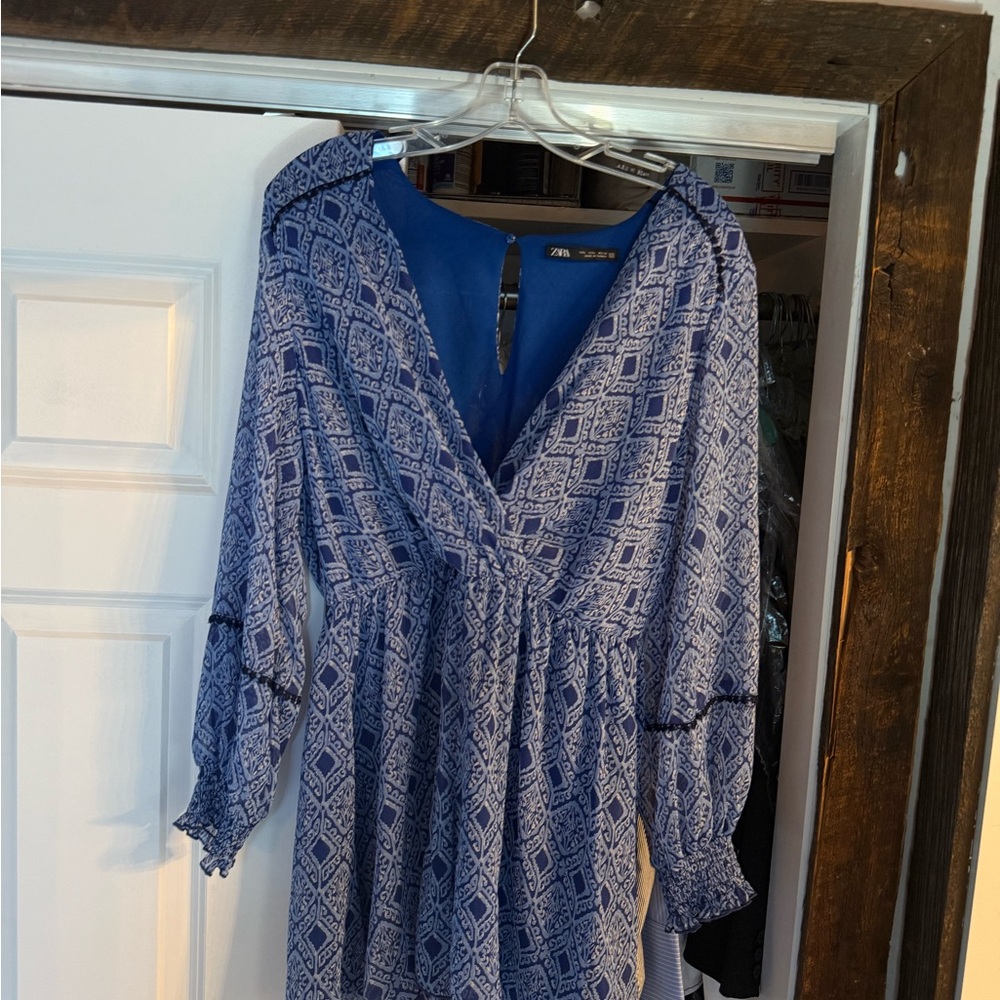 Zara Blue Patterned Long Sleeve Dress